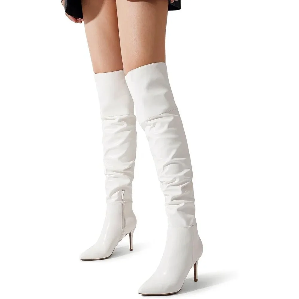 Women's White-pu Faux Leather Over The Knee Boots Thigh High Pointed Toe Boot